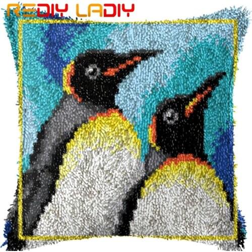 Latch Hook Kit Make Your Own Cushion Two Penguins Pre-Printed Canvas Crochet Pillow Case Latch Hook Cushion Front Hobby & Crafts