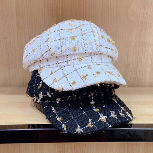 New Fashion Women Girl Gold Printed Winter Hat Adjustable Knit Octagonal Hat Visor Beret Wool Tweed Tartan Classic Baker Boy Cap