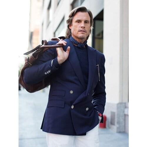 ANNIEBRITNEY Double Breasted Navy Blue Formal Men Suit With White Pants 2 Piece Groom Wedding Tuxedo Tailor Made Business Suit