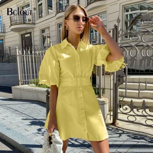Bclout Yellow Cotton Lantern Sleeve Slim Elegant Dresses Women Summer High Waist Sashes Single Breasted Mini Dress A Line Woman