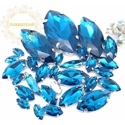 Popular! MIX Peacock blue Horse eye Size Crystal Glass Sew-on Rhinestones Silver Bottom DIY Womens Dresses and shoes 30pcs