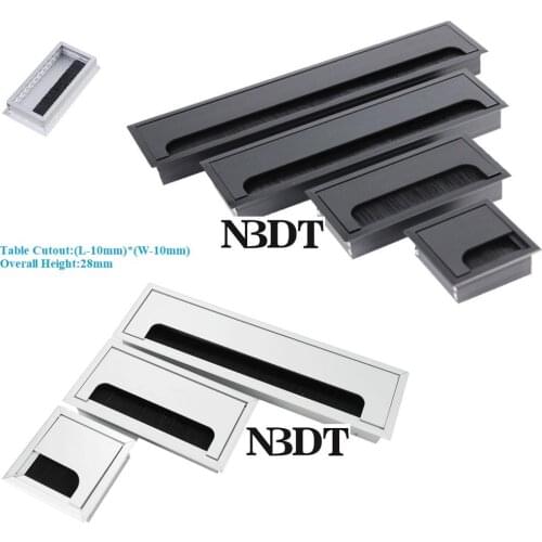 80mm Wide Rectangle Silver Matte Black Aluminum Alloy Table Desk Desktop Wire Cable Organizer Flap Bristles Grommet Hole Cover