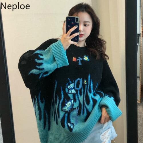 Neploe Loose Crazy Style Lovers Butterfly Embroidery Design Pullover Sweater O Neck Patch Long Sleeve Pull Femme Autumn Winter