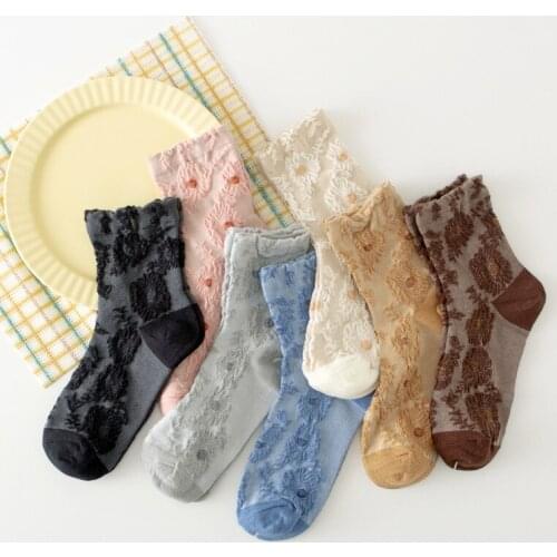Retro Sweet Jacquard 3D Flower Breathable Sexy Transparent Summer Sheer Women Socks Shiny Mesh Glitter Short Cotton Cute Socks