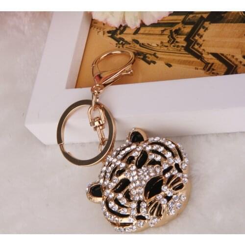 Crystal Tiger Head Key Ring Chain Rhinestone Charms Bag Purse Pendant Keyfob