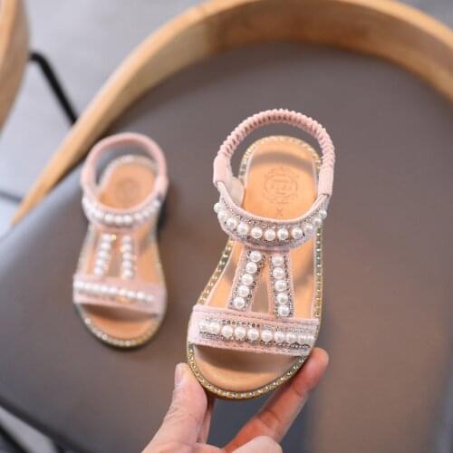2021 Summer Baby Girls Sandals Toddler Infant Kids Slip On Pearl Crystal Single Princess Roman Shoes For Children Girl