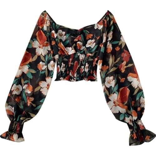 Vintage Ruffle Wrinkle Slash Neck Cropped Top 2020 Summer Sexy Short Shirts Blouse Floral Lantern Sleeves Chiffon Blouse Camisa