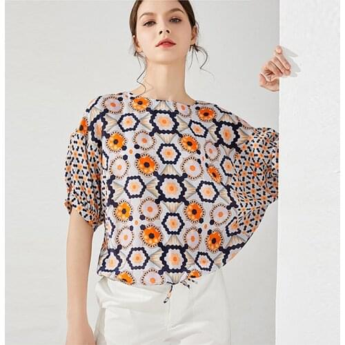 100% Silk Blouse Women Lightweight Fabric Flare Printed Plus O Neck Half Sleeves Loose Casual Tops New Fashion