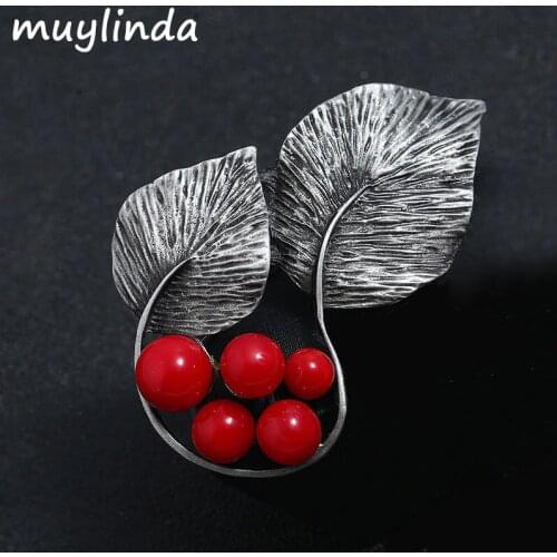 Muylinda Vintage Red Stone Leaves Brooch Pins Women Metal Brooches Accessories Scarf Clothes Clip Jewelry