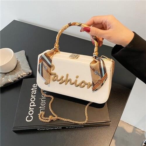 Box Style Party Fashion Ladys Handbag Embroidered Letter Chain Shoulder Bag Women Purses Silk Scarf Handle Wedding Clutch
