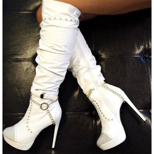 New White Leather Rivets Chains Women Long Boots Fashion Studded Platform Over the Knee Thigh High Boots Lady Real Photos Shoes