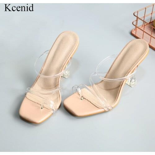 Kcenid New transparent strappy jelly shoes square toe high heels sandals women clear heel summer slippers flip flops for women
