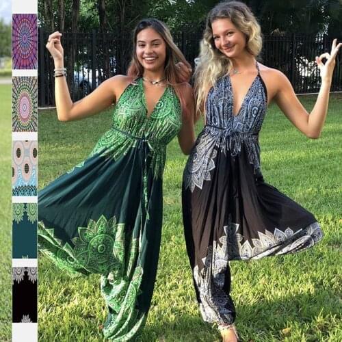 Casual Floral Print Loose Jumpsuits Women Strappy Halter Playsuits One-piece Harem Pants Loose Bloomers Sleeveless Jumpsuits