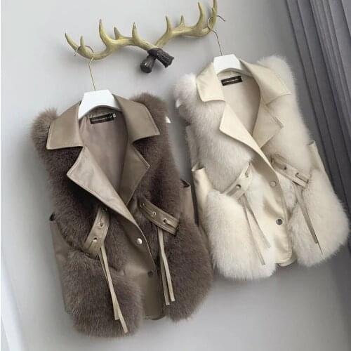 2021 Autumn Winter Faux Fox Fur Leather Stitching Vest Women Solid V-neck Loose Warm Coat Vest Fashion Slim 6 Colors Coat Women