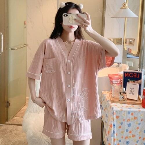 Womens Pajamas Summer Suit Cotton Short Sleeved Sleepwear Cute Cool Cardigan Pyjamas Plus Size 2 Piece Set Nightwear Homewear