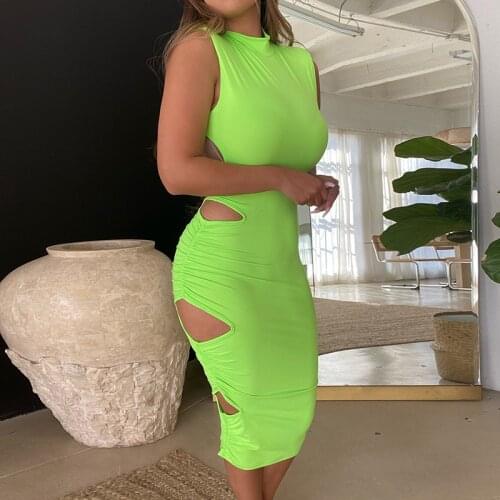 2021 Summer New Style Women Fashion Green Orange Dress Ruched Sleeveless Open Back Sexy Hollow Out Bodycon Long Party Dress