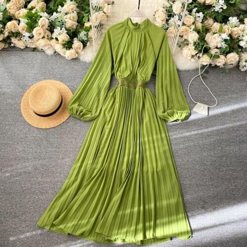 New Women Spring Autumn Long Robe Fashion Puff Long Sleeve Slim A Line Vintage Dresses Ladies Elegant Pleated Dress Vestidos