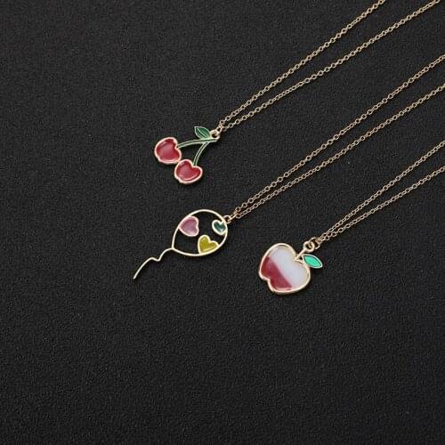Lucky Cartoon Enamel Colorful Fruit Apple Necklace Flying Balloon with Hearts Necklace Red Color Cherry Chain Necklaces Women