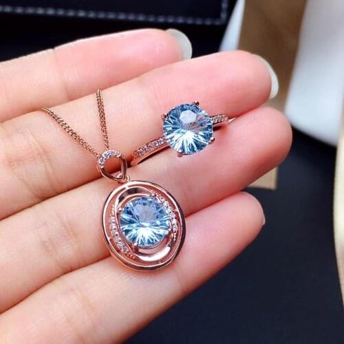 Attractive ocean Blue topaz ring and necklace jewelry set 925 sterling silver natural gem good color women birthday party gift