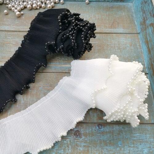 1Yard Soft Pleated Chiffon Lace Ruffle Trim Black White Beads Needlework Ribbon Dresses Fluffy Skirts DIY Sewing Supplies 65mm