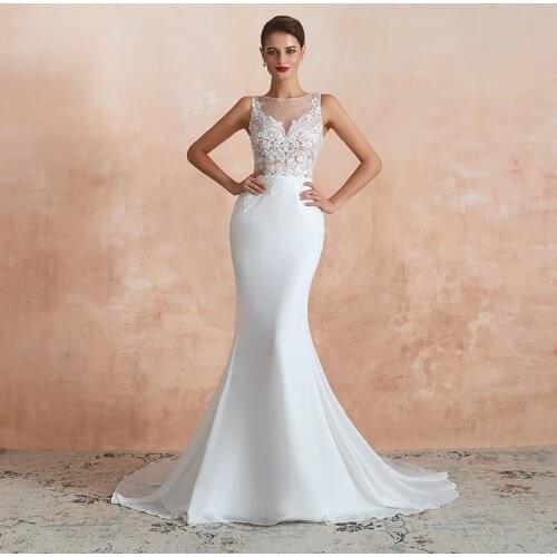2019 Simple Chiffon Wedding Dress Scoop Neckline Lace Appliqued Mermaid Beach Wedding Dress