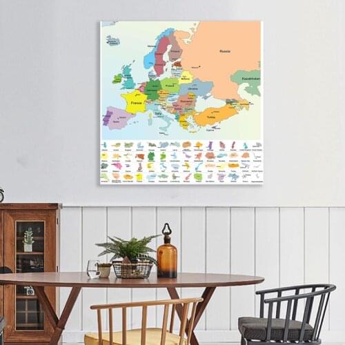 90*90cm Political Map of The Europe Non-woven Canvas Painting Vinyl Print Wall Poster Classroom Home Decoration School Supplies