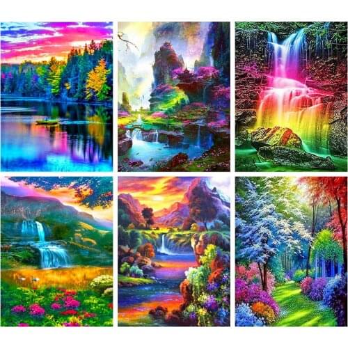 5D DIY Diamond Painting Cross Stitch Kits Mountain Full Square Diamond Embroidery Waterfall Rainbow Landscape Mosaic Home Decor