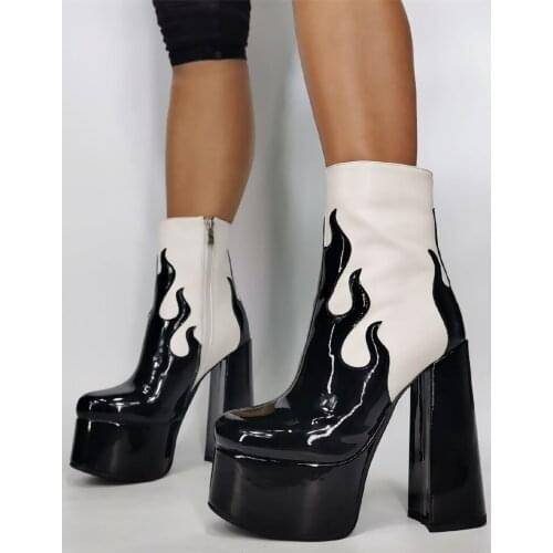 Black Flame Patchwork White High top Ankle Boots Chunky High Heel Gladiator Super Platform Patent Leather Short Boots Woma
