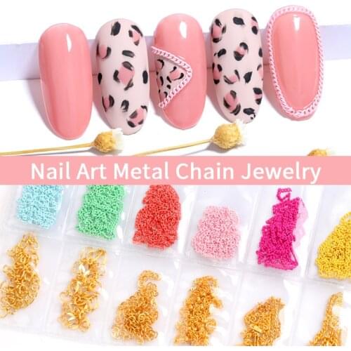 1 Pack of 6 Grids Matte Metal Chain Color Chain Mixed Color Fashion Alloy Various Shapes Chain Buckle DIY Nail Art Accessories