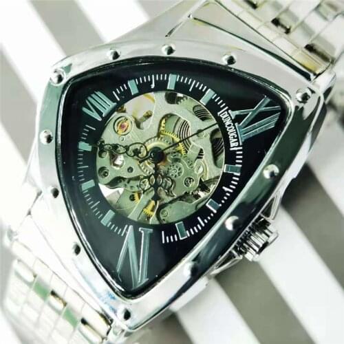 DUNCOUGAR 2020 Top Brand Triangle Skeleton Dial Silver Stainless Steel Man Clock Waterproof Automatic Mechanical Watch For Men