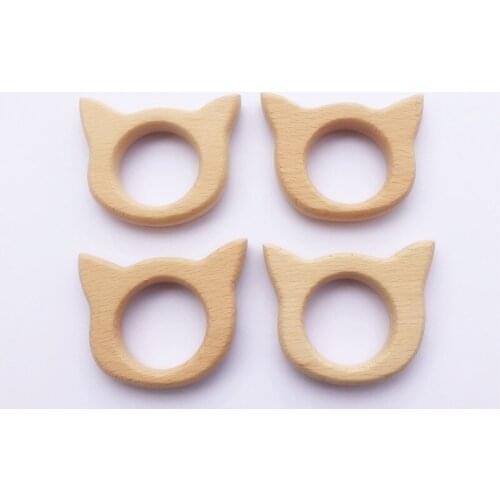 Chenkai 10pcs Cat Wooden Teether Ring Nature Baby Rattle Teething Grasping Toy DIY Organic Eco-friendly Wood Gift Accessories