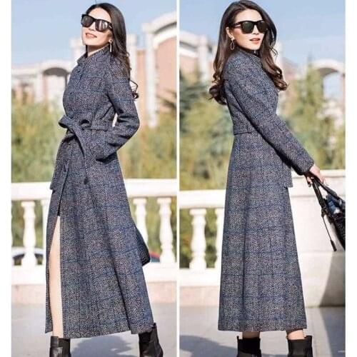 Elegant Temperament Plaid Woolen Windbreaker Coat 2021 Spring Autumn Stand Collar Slim Long Overcoat Windproof Female Outwear