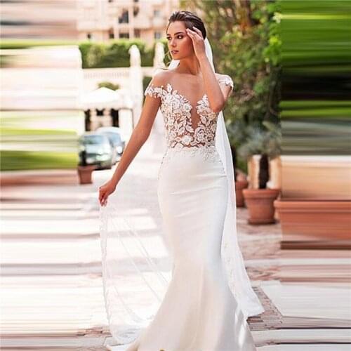 Illusion Sheer Neck Mermaid Wedding Dress Lace Appliques Slim Fitted Trumpet Bridal Gowns Women See Through Back Vestidos
