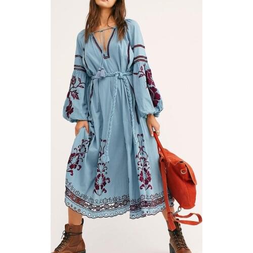 Jastie French Romance Midi Dress Floral Embroidery Puff Sleeve Belt Lace Trim Chic Women Dresses 2021 Spring Autumn Vestidos