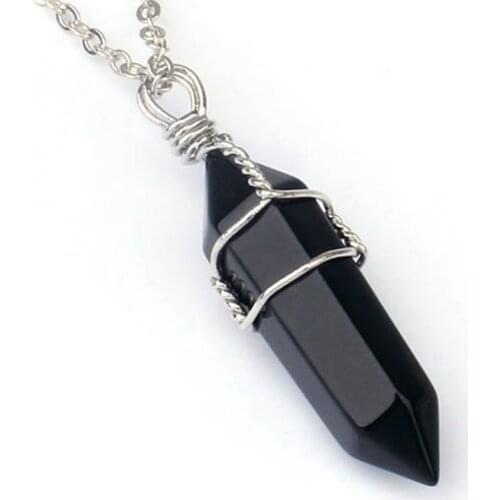 KFT Silver Plated Wire Wrapped Hexagonal Prism Pendant Black Agates Onyx Stone Necklace 20inch Link Chain Women Men Jewelry