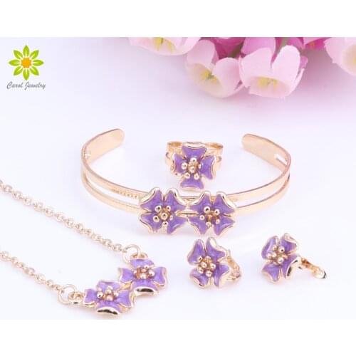 Baby Kids Children Girl Jewelry Sets Gold Color Cute Flower Pendant Necklace Bracelet Earrings Adjustable Ring