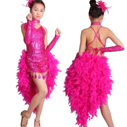 Hot New Girls Latin Dance Dress Costume Shining Sequin+Sexy Feather Skirt Salsa Jazz Ballroom Dance Performance/Competition Wear