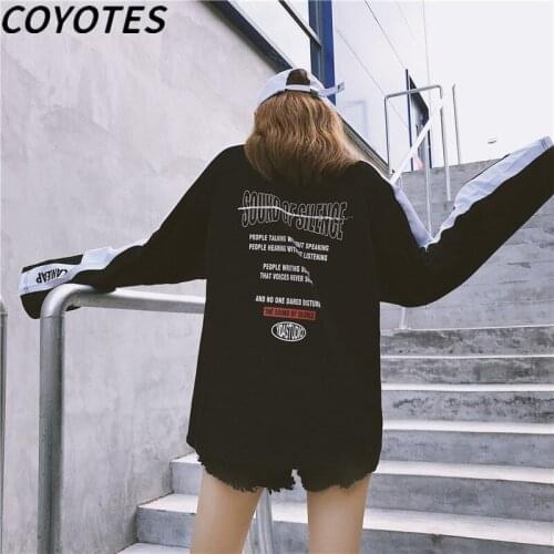 COYOTES Womens T-Shirts Letter Printed Long Sleeve T-Shirt Women Hip Hop Harajuku Loose Casual Tees Simple Trendy All-Match