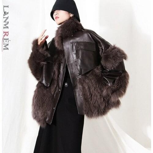 LANMREM Long Sleeve Fur Patchwork Pu Leather Jacket For Women Casual Moto Biker Cool Warm Coats 2021 Winter Fashion 2C2298