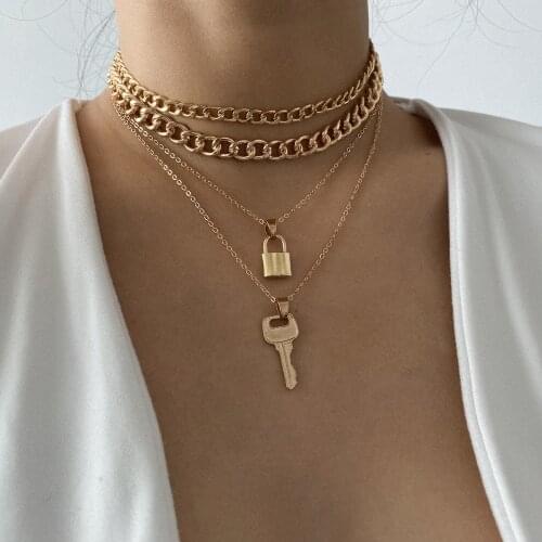 Layered Chain Necklace Neck Chains Lock Key Pendant Jewelry For Women Punk Choker Padlock Goth Jewelry Hip Hop Cool Accessories