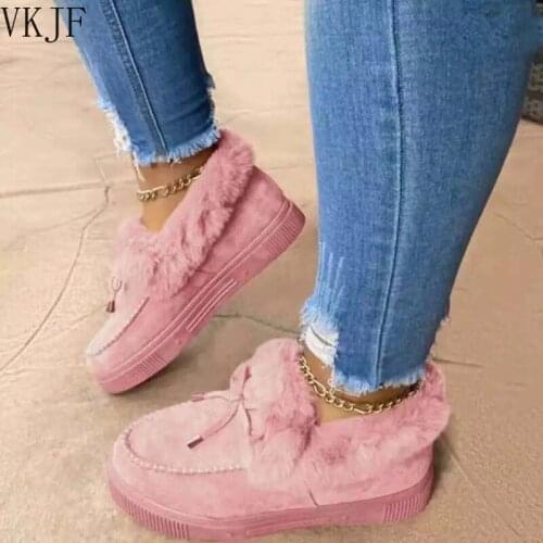 2021 New Women Winter Cotton Shoes Ladies Bowknot Plush Warm Snow Boots Casual Solid Color Flat Short Boots Furry Zapatos Mujer