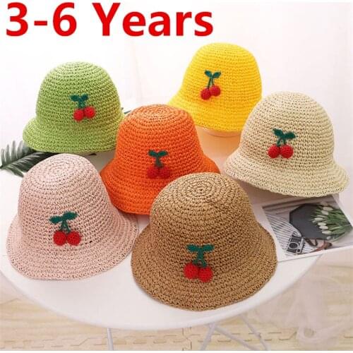 Kapelusz Summer Kids Straw Hats Cherry Princess Baby Girls Hat Children Breathable Sunscreen Beach Sun Hat Bonnet