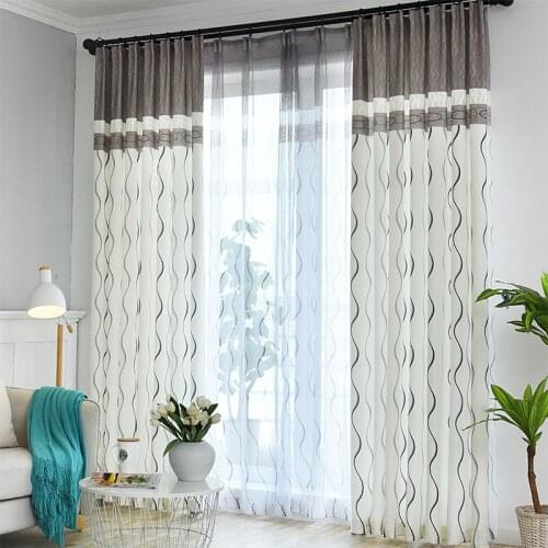Striped Jacquard Semi-Blackout Curtains for Living Room Grey White Stitching Embossing Sliding Door Drapes