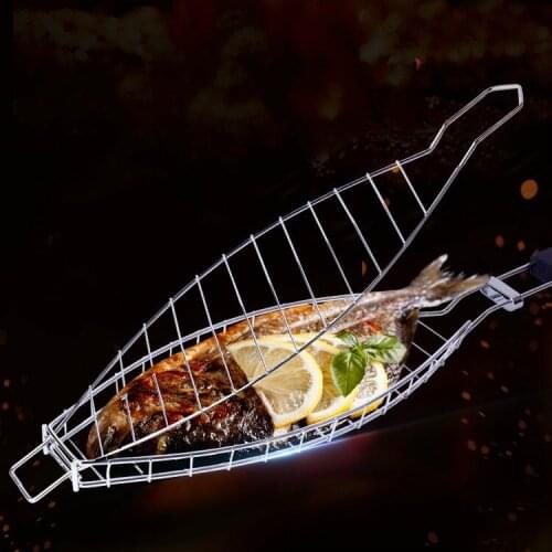 Barbecue Appliances Baking Mesh Stainless Steel Barbecue Nets Fish Shaped Wooden Handle Clip Grid Baking Rack Meshes