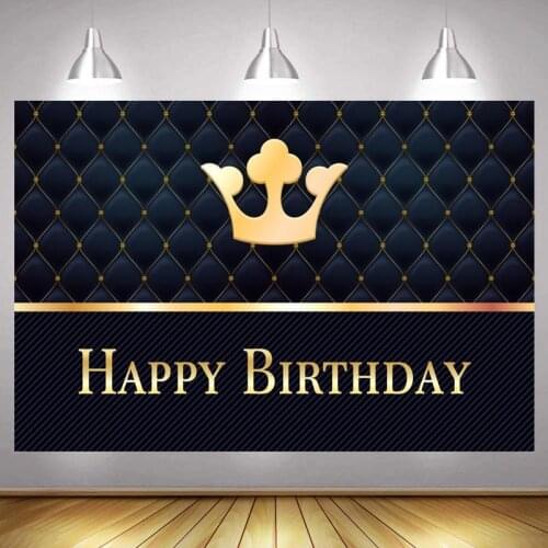 Happy Birthday Party Backdrop Board Head Bed Black Gold Glitter Crown Adult Photography Background Shining Dots Banner Photocall