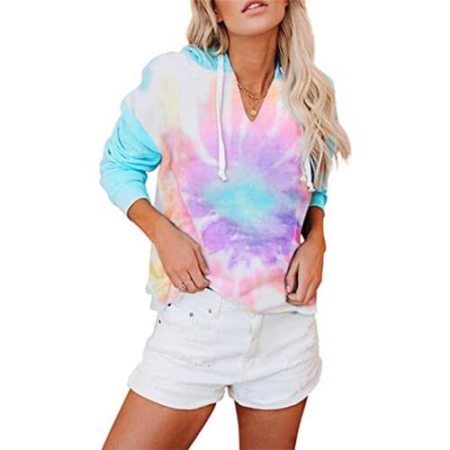 Spring Autumn Women Colorful Sweatshirts Hooded V Neck Long Sleeve Pullover Cotton Blend Casual Fashion Loose Daily Tunic