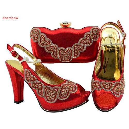 Doershow Italian red color Shoes With Matching Bags African Women Shoes and Bags Set For Prom Party Summer Sandal ! SWD1-3