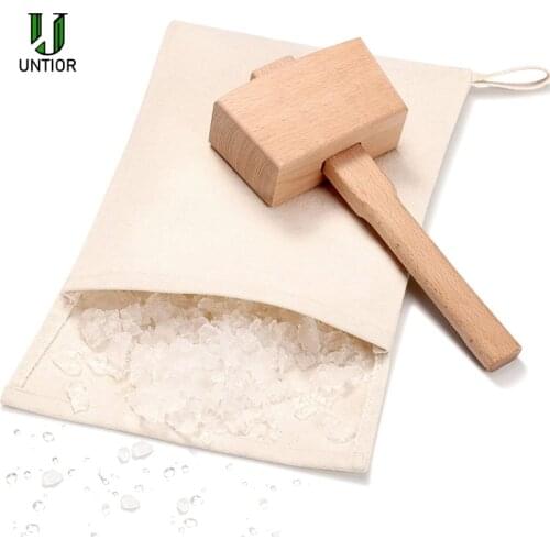 UNTIOR Professional Ice Mallet Wood Hammer with Reusable Cotton linen Bag Bartender Crushed Ice Kit Bar Tools Kitchen Accessory