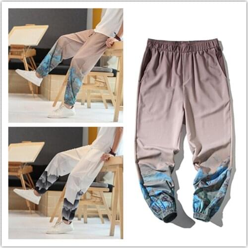 Japan Clothes Men Ice Silk Vintage Print Trousers 2021 Summer New Samurai Casual Japanese Fashion Loose Soft Pants Streetwear