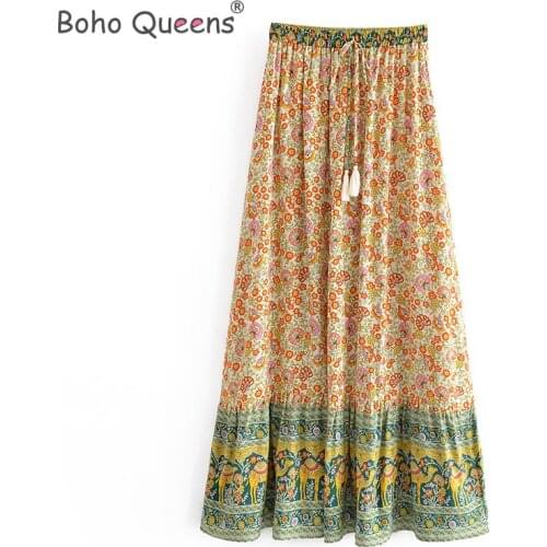 Boho Queens Hippie women Bohemian animal floral print beach skirt High Elastic Waist Maxi Long A-Line Boho Skirt Femme